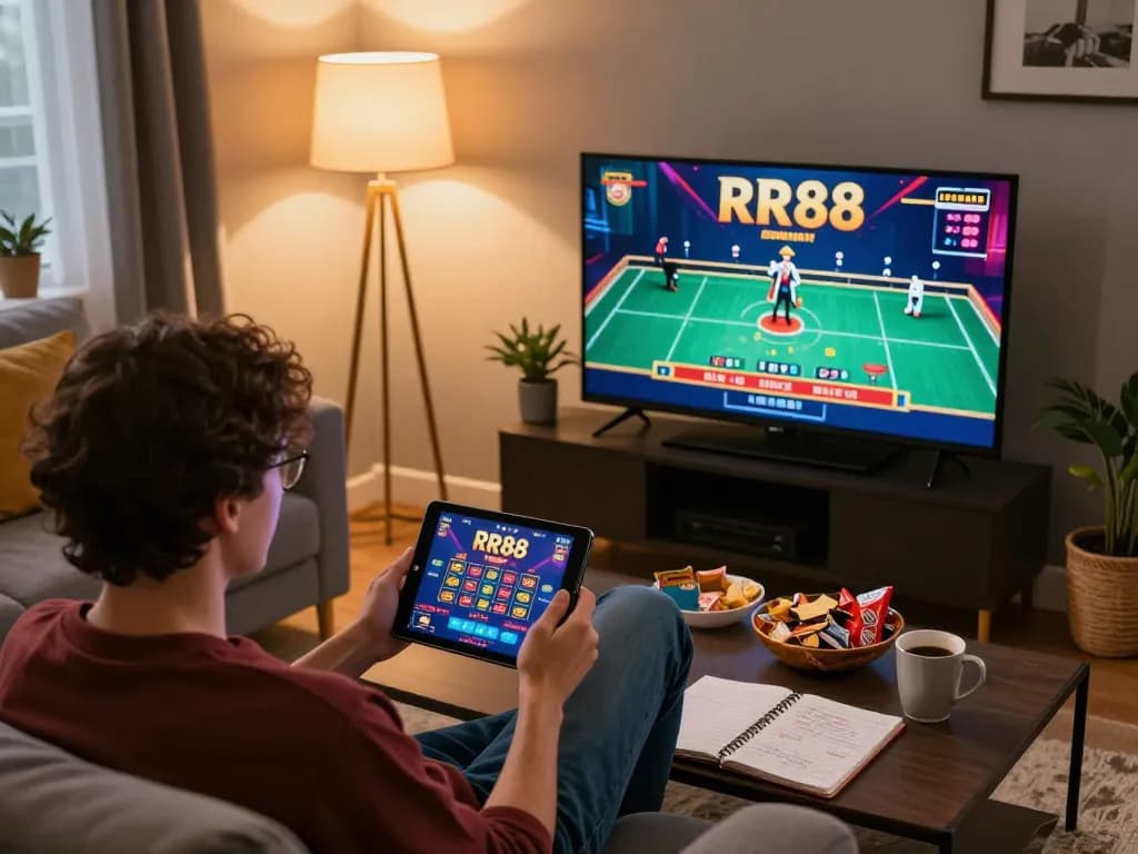 Engaged player strategizing their bets on RR88 online casino via tablet in cozy home setting.