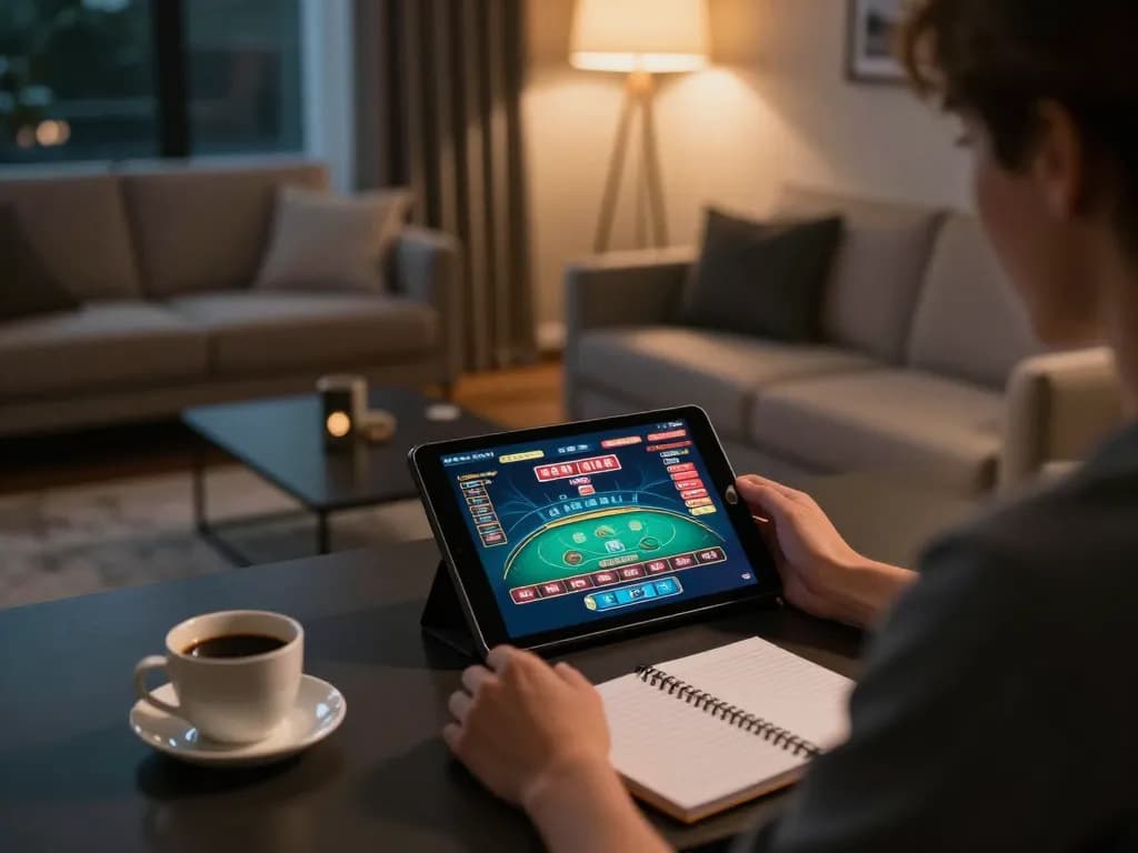 Engaging in LODE 88 casino gameplay on a tablet in a cozy home office setup