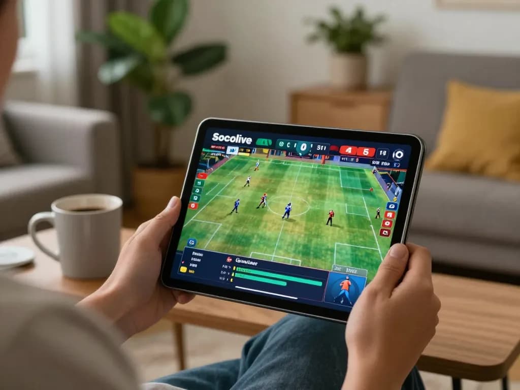 Socolive user engaging in online sports betting on a tablet with vibrant live match graphics.