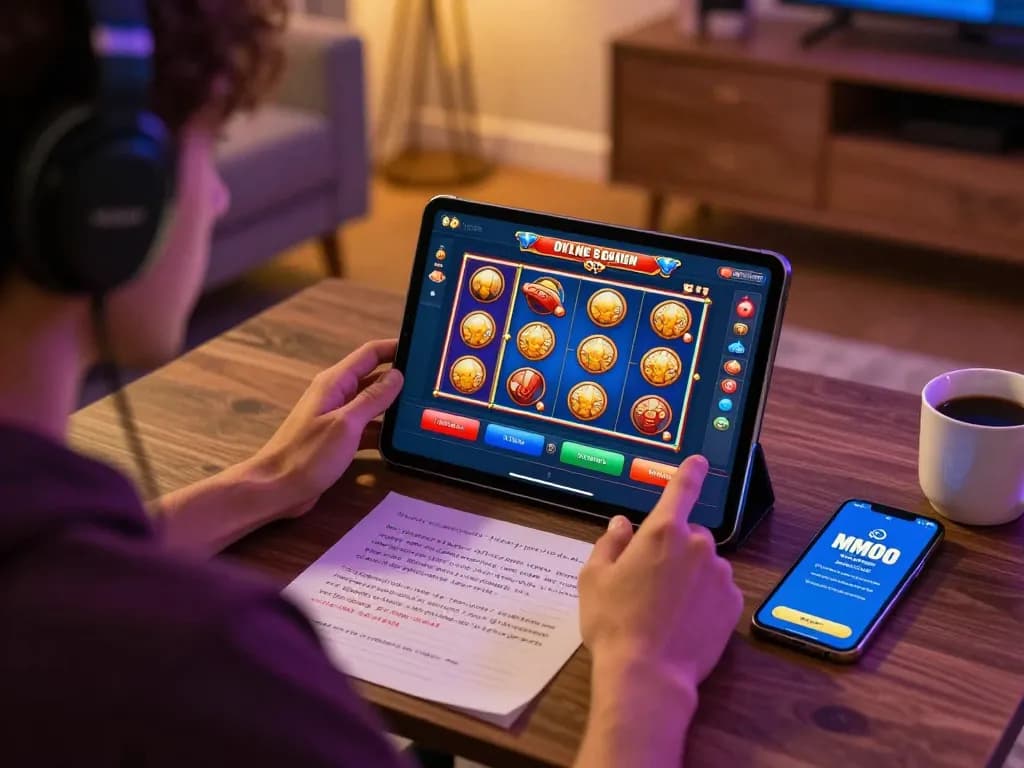 Player engaging with the MMOO app on a tablet, surrounded by betting strategy notes in a cozy living room.