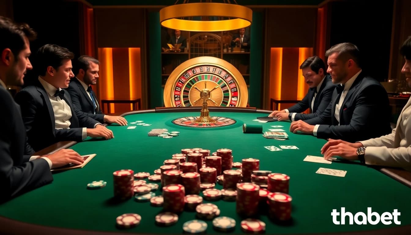 High-stakes poker players strategizing at a casino table, embracing the thrill of thabet.