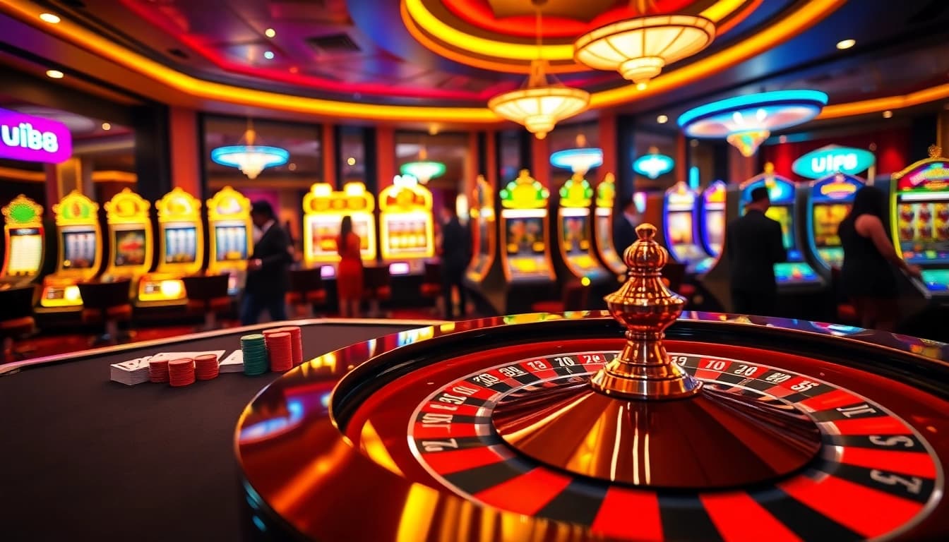 Exciting scene of players engaging in casino games at uu88 with roulette and vibrant slot machines.