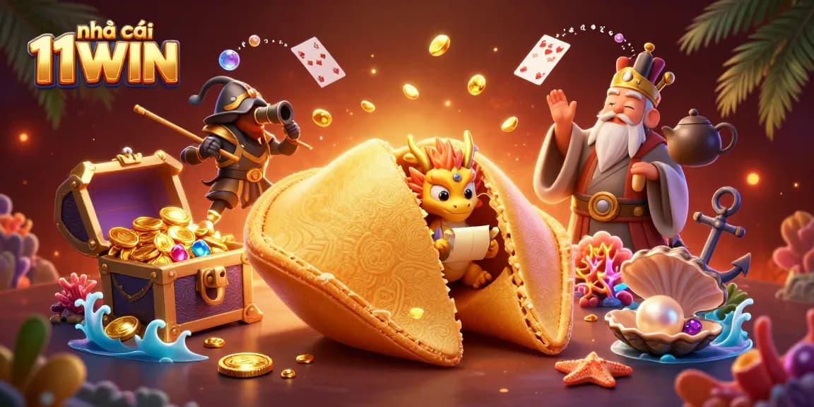 Engage with nhà cái 11WIN in a captivating casino adventure featuring a giant golden fortune cookie.