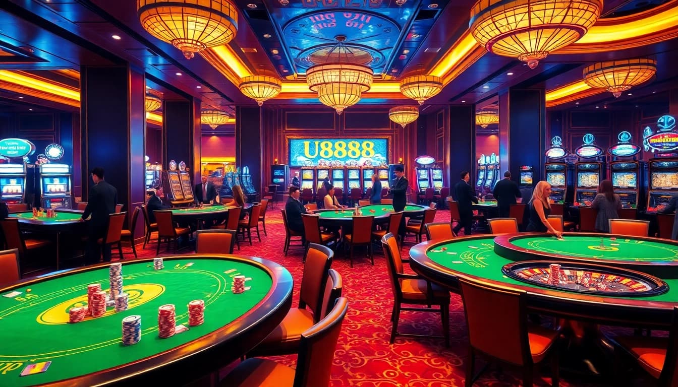 Excitement builds as players enjoy various games at U888 casino, surrounded by vibrant tables and luxurious decor.