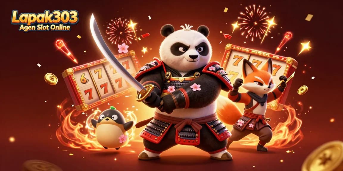 Spin the reels with Lapak303 Agen Slot Online in a vibrant 3D casino scene featuring samurai panda and ninja fox.