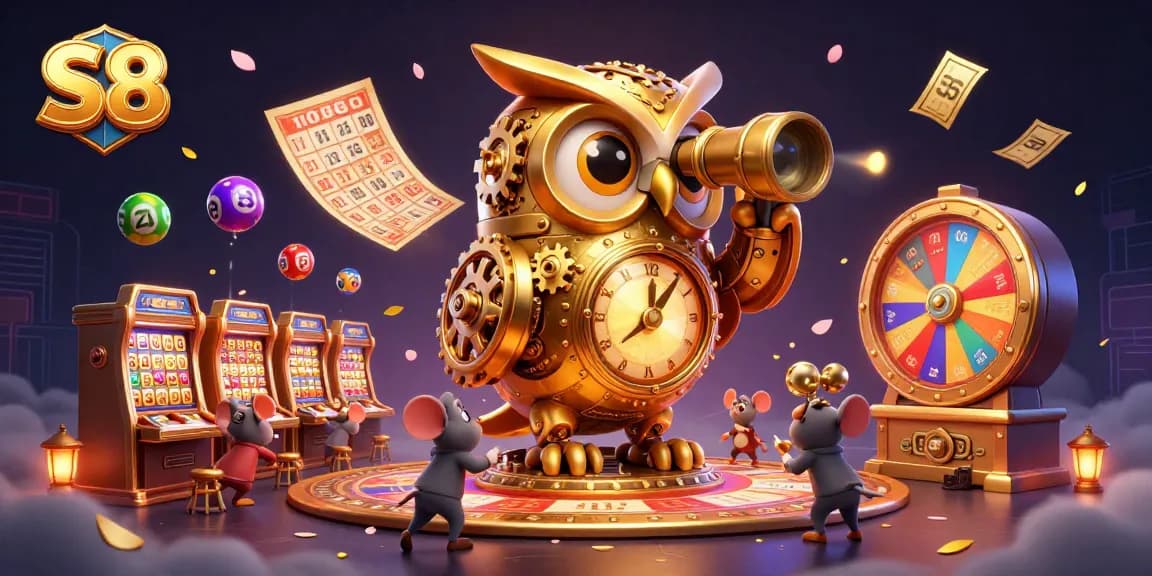S8 engages players with dynamic lottery balls and a whimsical casino scene rich in detail.