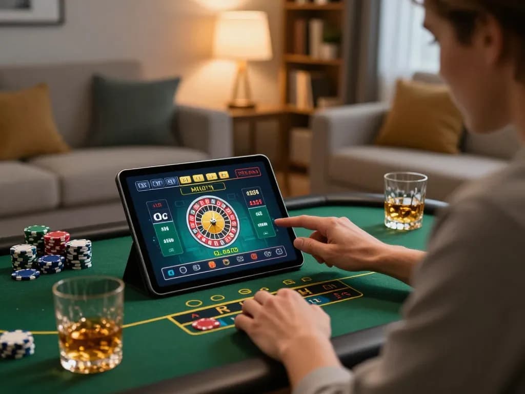 Player engaging in LLwin com online casino roulette gameplay at home, creating a strategic atmosphere