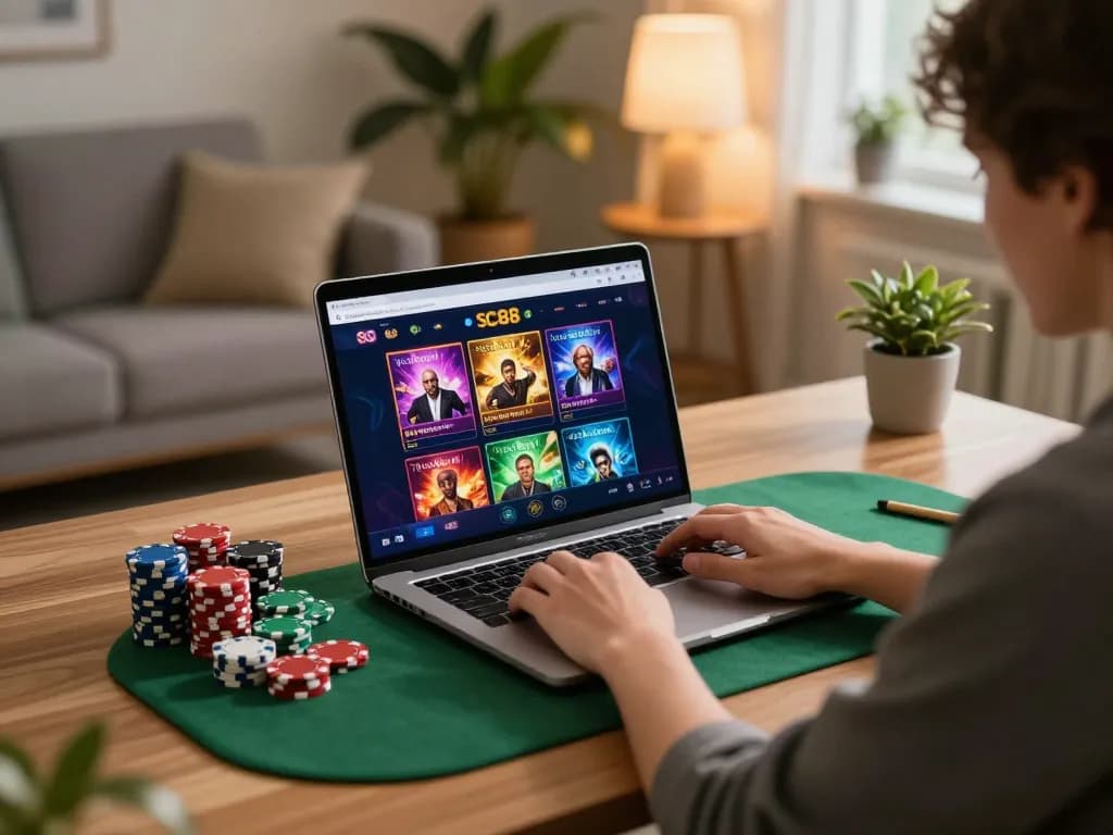 Engaging in SC88 online casino games with a laptop and poker chips on a modern desk