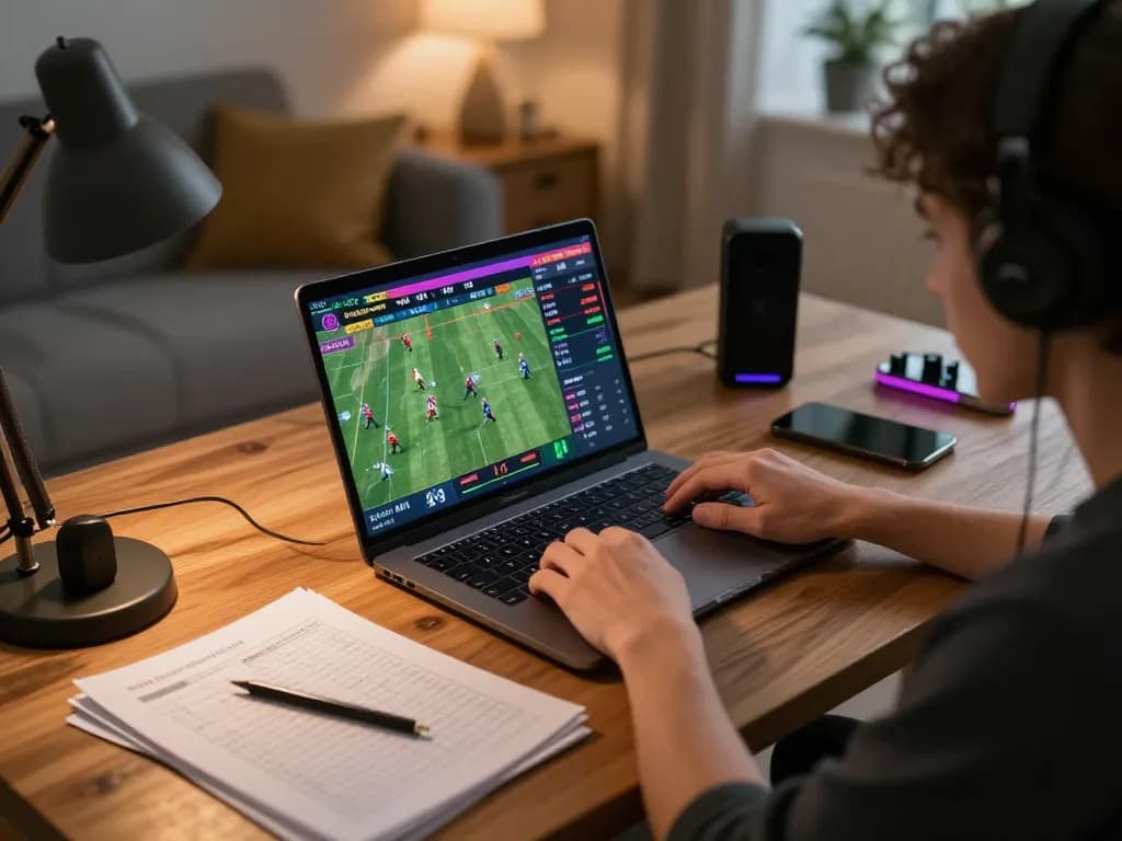 Person using laptop for FC88 sports betting, showcasing strategic gaming setup