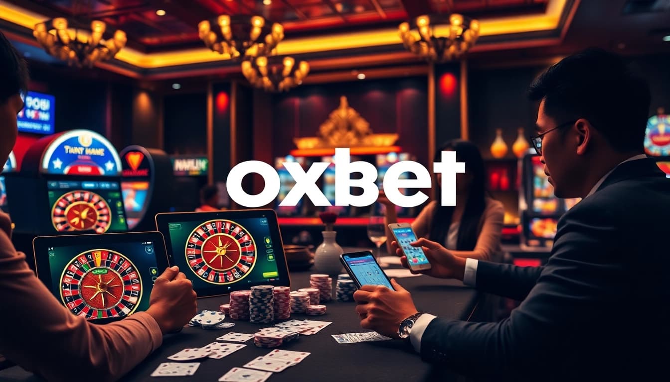 Engage with OXBET online casino's luxurious offerings, featuring casino tables, poker chips, and vibrant gameplay experiences.