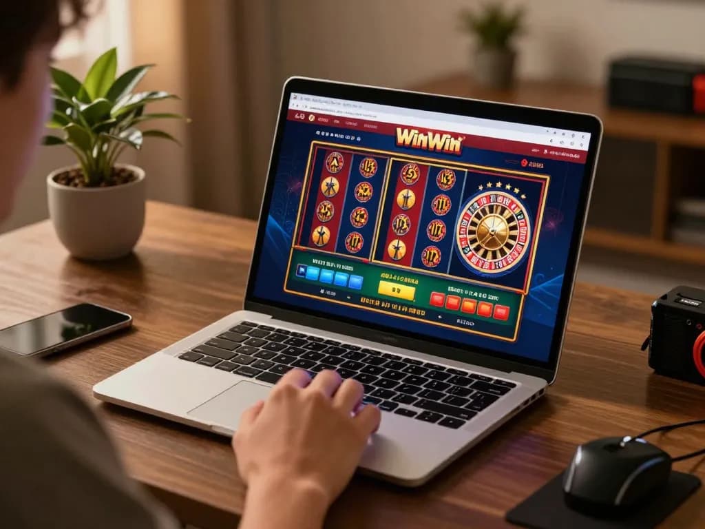 Person engaging with WinWin casino interface on a laptop, showcasing an active online gaming session.