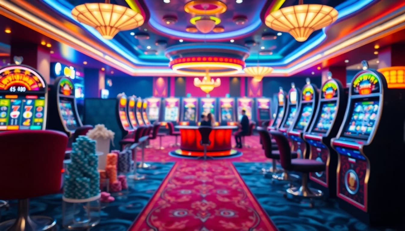 Engaging scene of cổng game hitclub showcasing vibrant online gambling atmosphere with poker chips and slot machines.