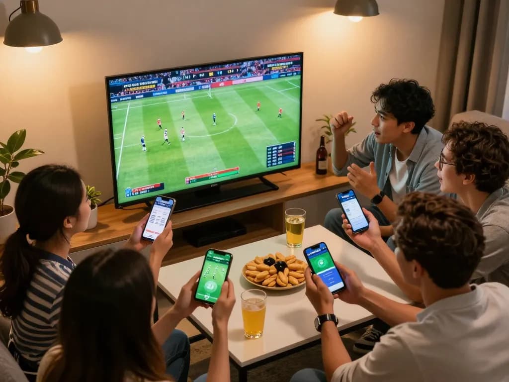 Friends using kkeonhacai app for sports betting during a live match, enjoying the thrilling atmosphere