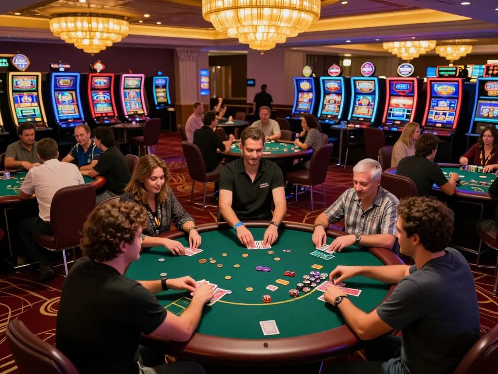 Players strategizing at the poker table in a vibrant casino scene from https://98win9.co.com/, highlighting an engaging gambling atmosphere.