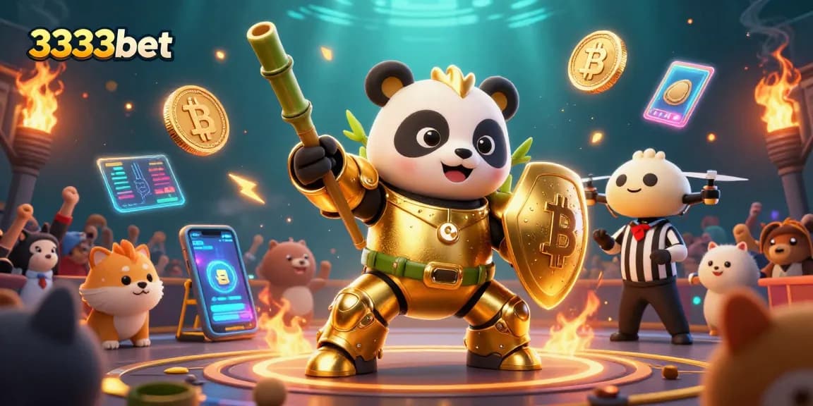 Engage with 3333bet in a vibrant 3D casino scene featuring gold-themed robot battles and crypto elements.