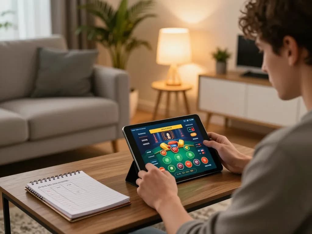 Player engages with O8 online casino app in a cozy home setting, showcasing strategic gaming methods.