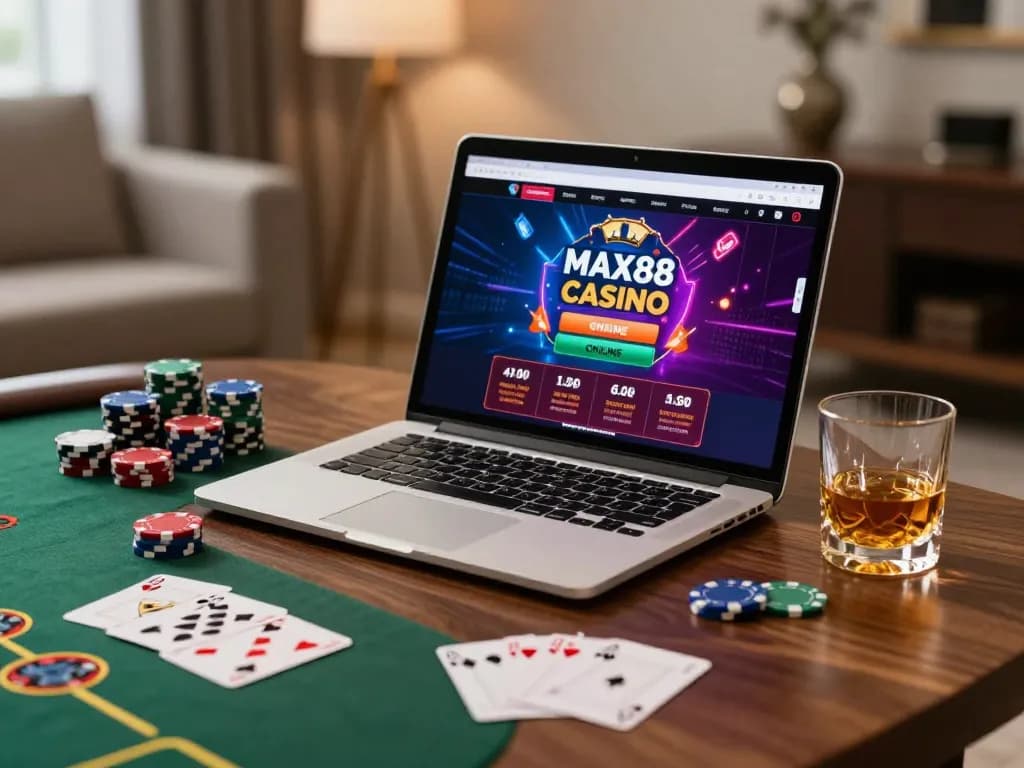 Engaging scene of players enjoying MAX88 CASINO on a laptop at home, showcasing poker chips and gameplay.