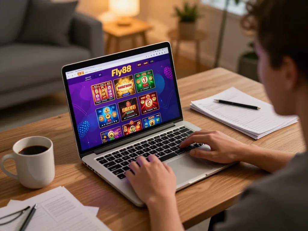 Playing Fly88 online casino games on a laptop in a cozy home office setting, showcasing strategic gameplay.