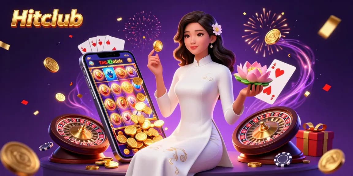 Experience thrilling jackpots with Hitclub's vibrant casino scene featuring slot games and festive elements.
