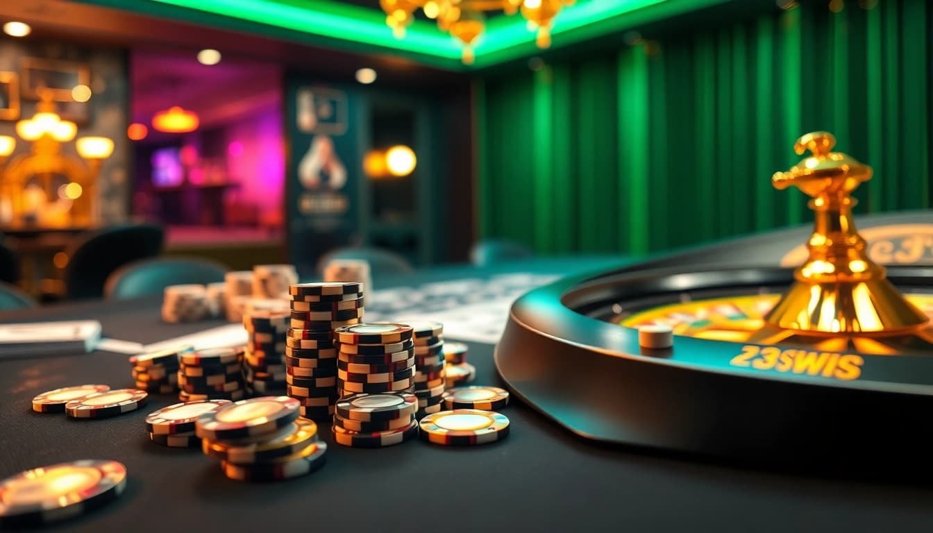 Experience the excitement of 23win net with vibrant casino gaming visuals featuring cards and chips.