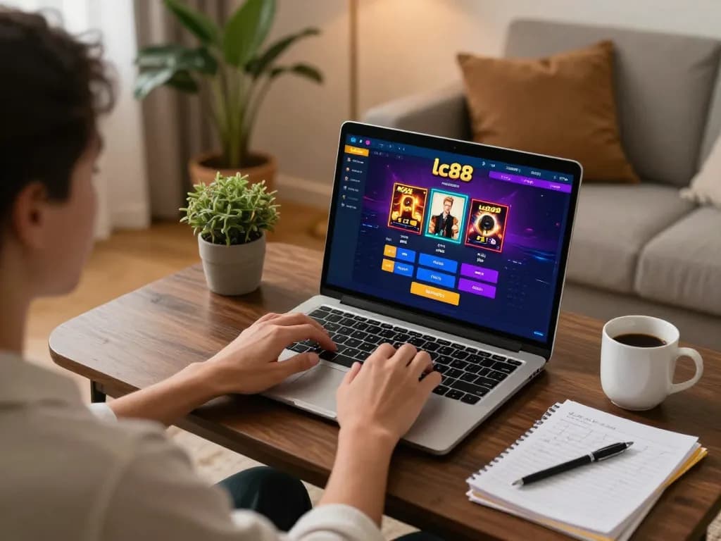 Engaged player enjoying the lc88 casino gaming experience on a laptop at home