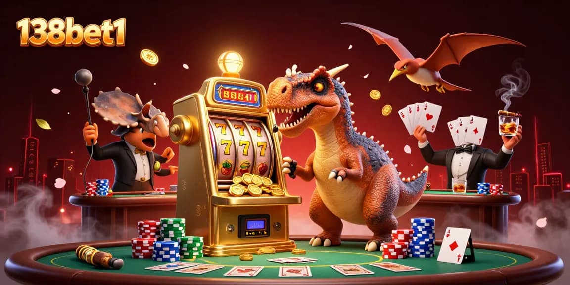 Experience thrilling wins with 138bet1 as a dinosaur headbutts the jackpot slot in an exciting casino scene.
