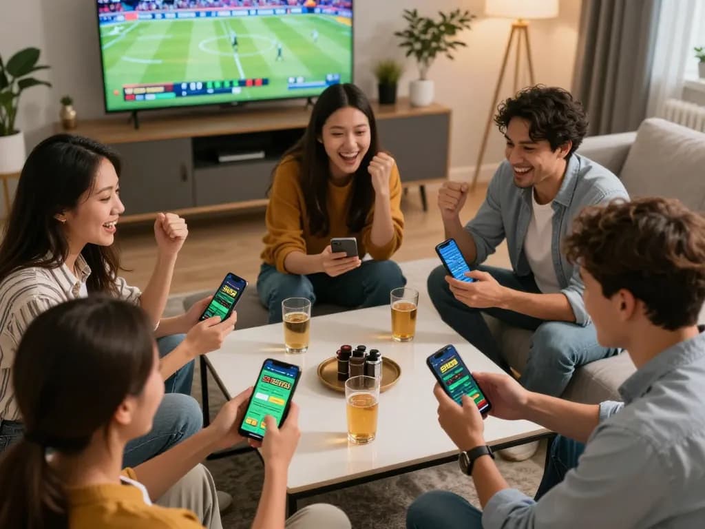 SIN88 sports betting app showcased as friends celebrate a live game, highlighting social gaming dynamics.