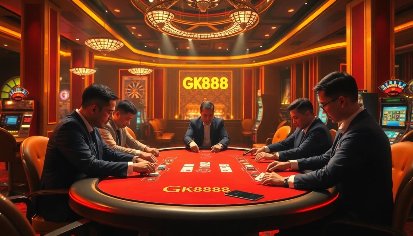 Engaging poker players at a glamorous GK888 casino table amidst vibrant gambling elements.