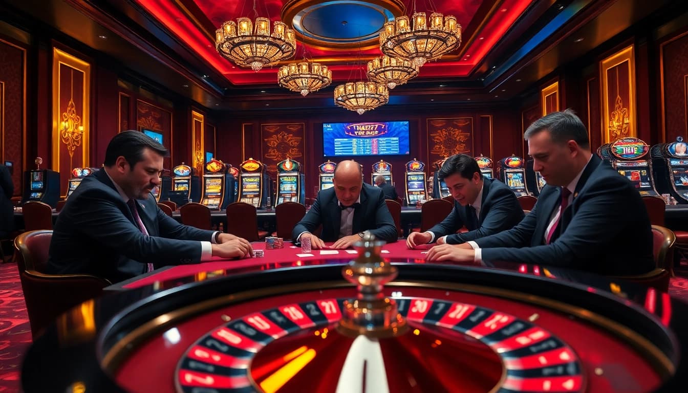 High-stakes poker game at Thabet77 casino with professional ambiance and intense focus.