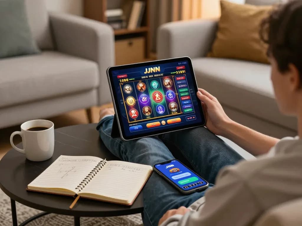 Player enjoying JJNN slots on a tablet in a cozy home setting, emphasizing a relaxed gambling experience.