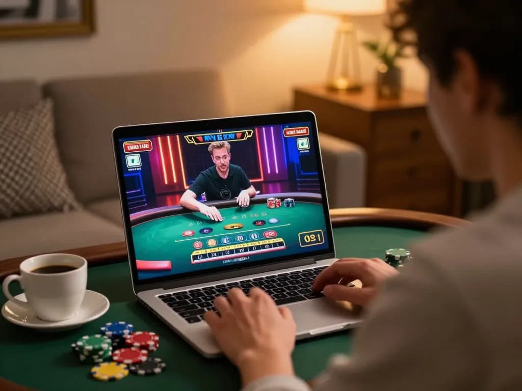 Engaged in sun win live dealer game on laptop in a cozy home setting, capturing strategic online gambling.