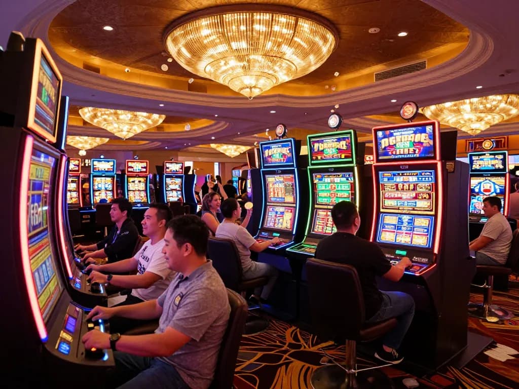 Players enjoying vibrant slot machines at five88 casino, capturing the excitement of gaming.