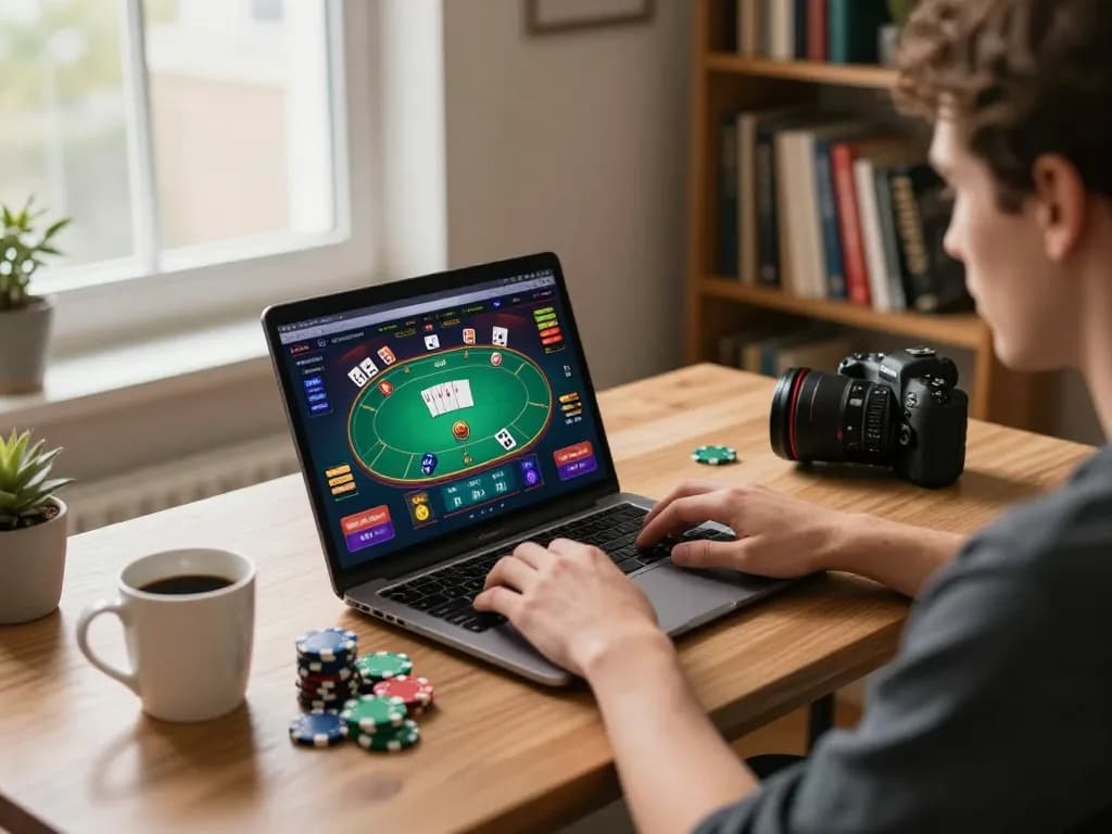 Engaging in online poker at home with hitclub9, showcasing a vibrant game interface and cozy workspace