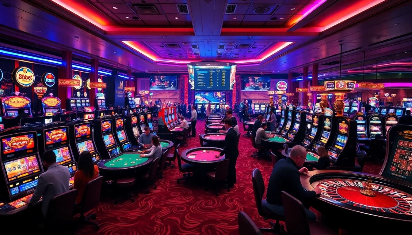 Exciting casino atmosphere at 8kbet with vibrant slot machines and poker tables.