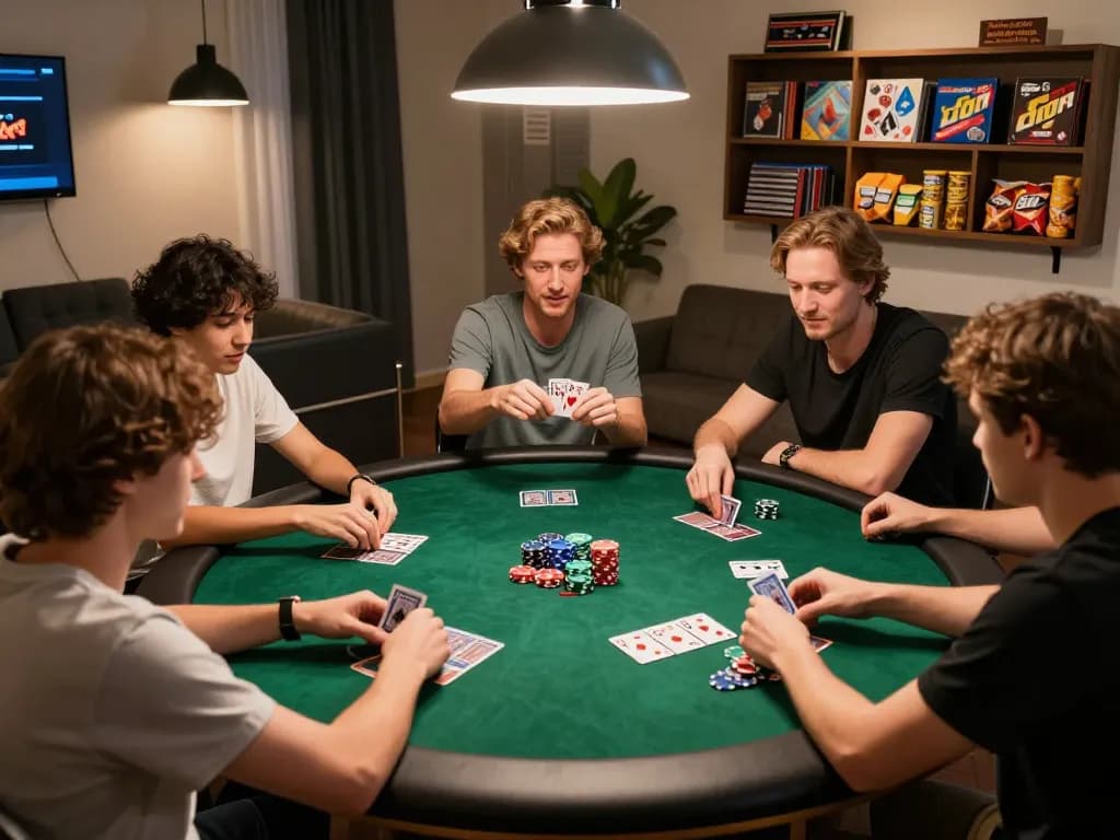 Engaging poker game scene depicting friends enjoying strategic gameplay while practicing giải mã số học together.