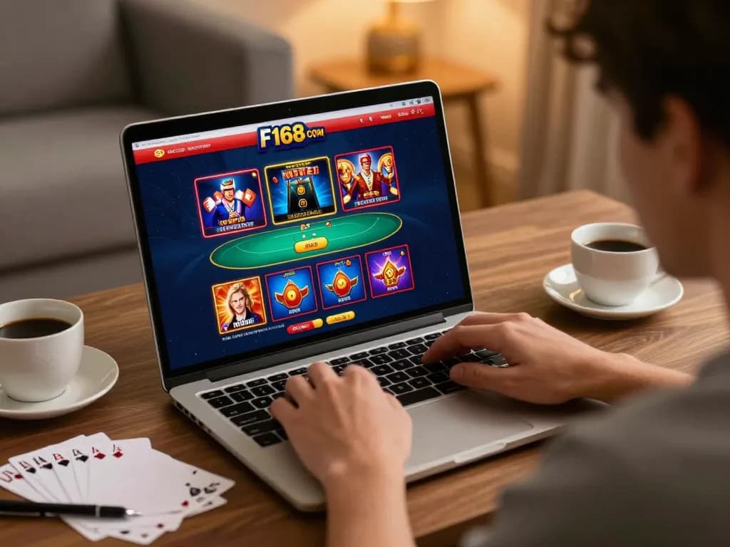 Player enjoying engaging games on F168 com in a cozy home setting with strategic notes.