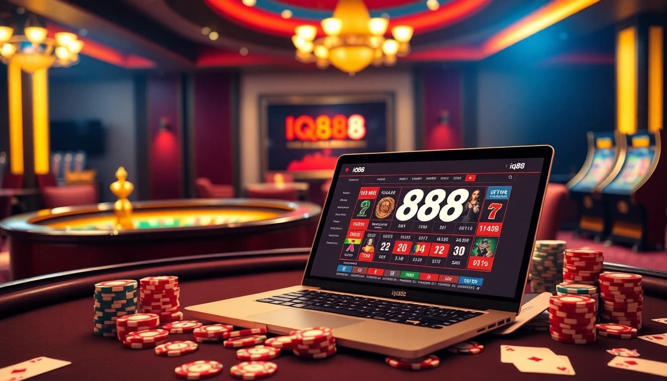Experience thrilling gambling action with iq88 on a luxurious casino table filled with chips and cards.
