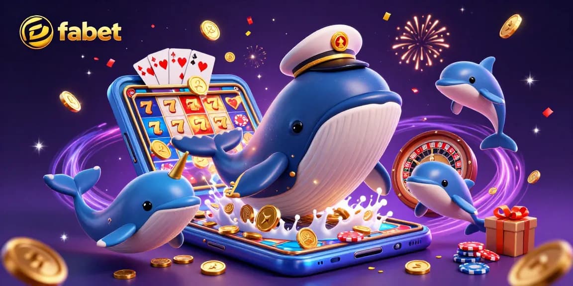 Playful dolphins and a giant whale join the fabet casino celebration, surrounded by coins and game elements.