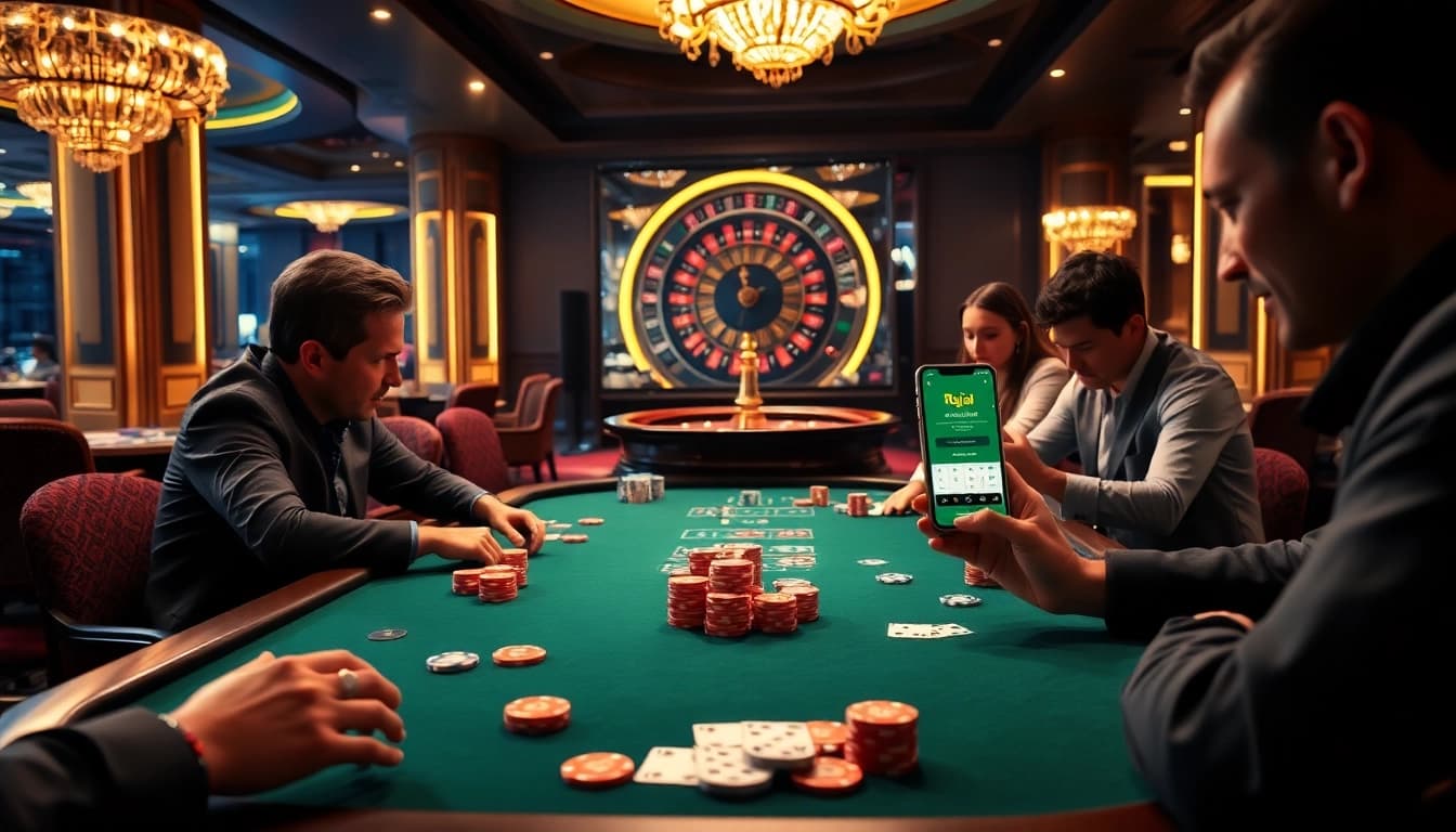 Experience the high-stakes excitement at Rajaluck's premium poker tables with vibrant chips and cards.