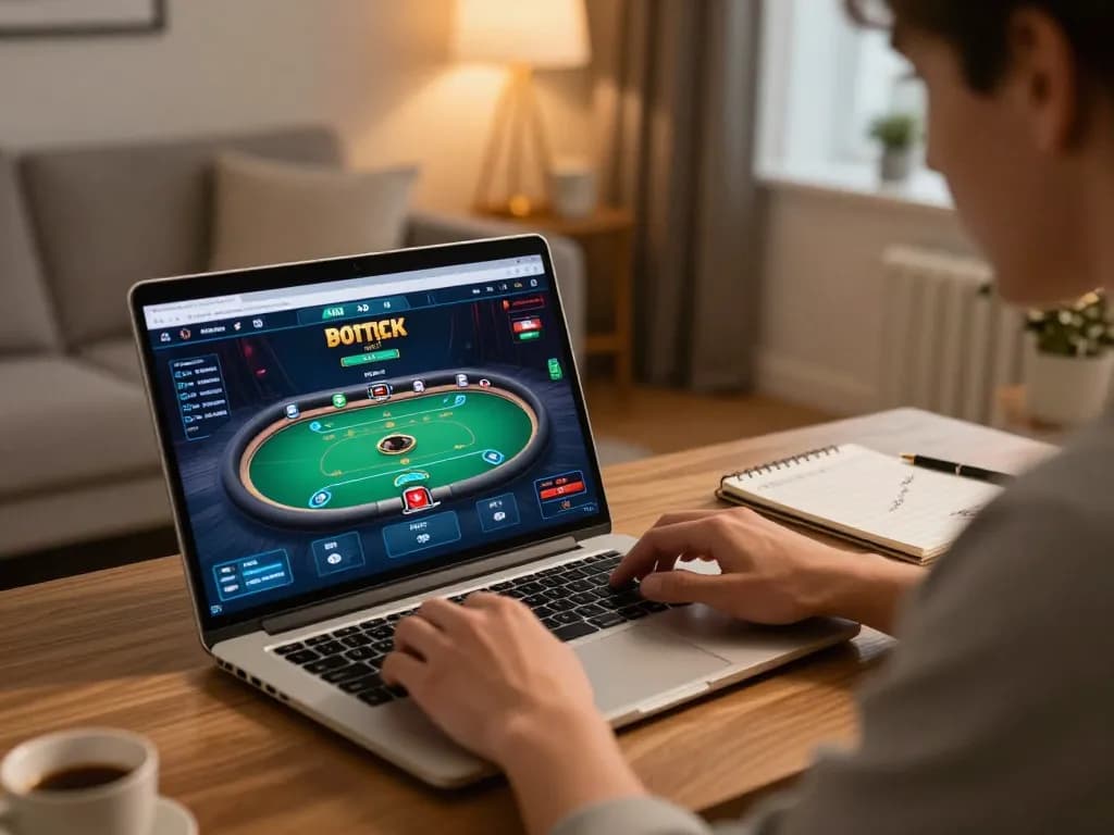 MM88 online gamer immersed in poker gameplay, showcasing laptop interface and cozy ambiance.