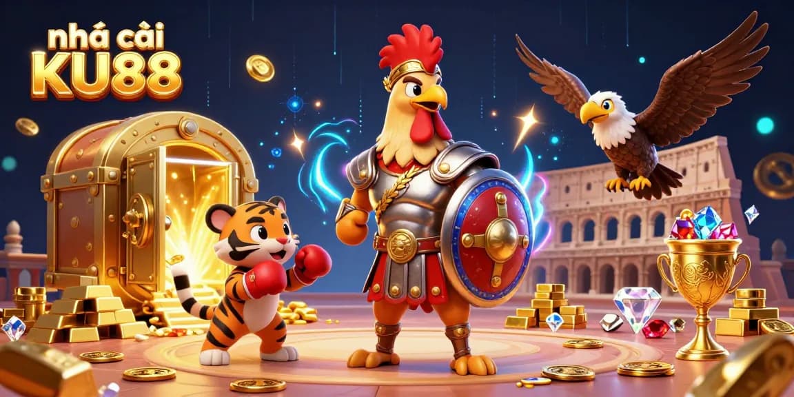 Engage with the vibrant world of nhà cái KU88, as a gladiator rooster and tiger spar with gold treasures in a dynamic casino setting.