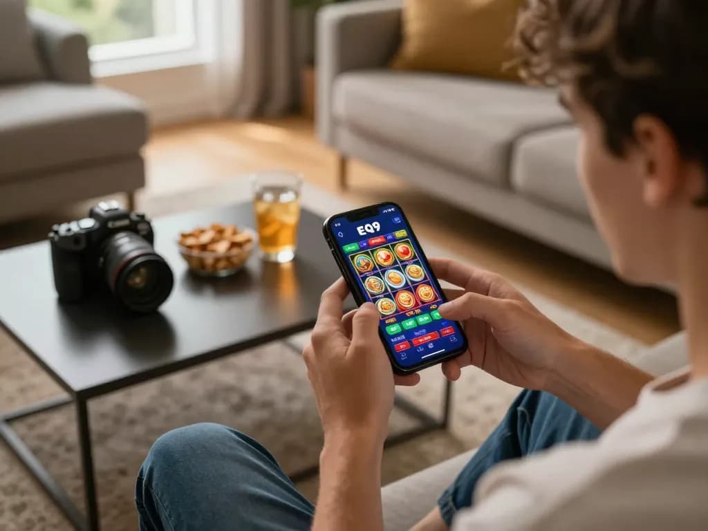 Player enjoying EQ9 online casino app on smartphone in a cozy living room, illustrating a relaxed gaming experience.