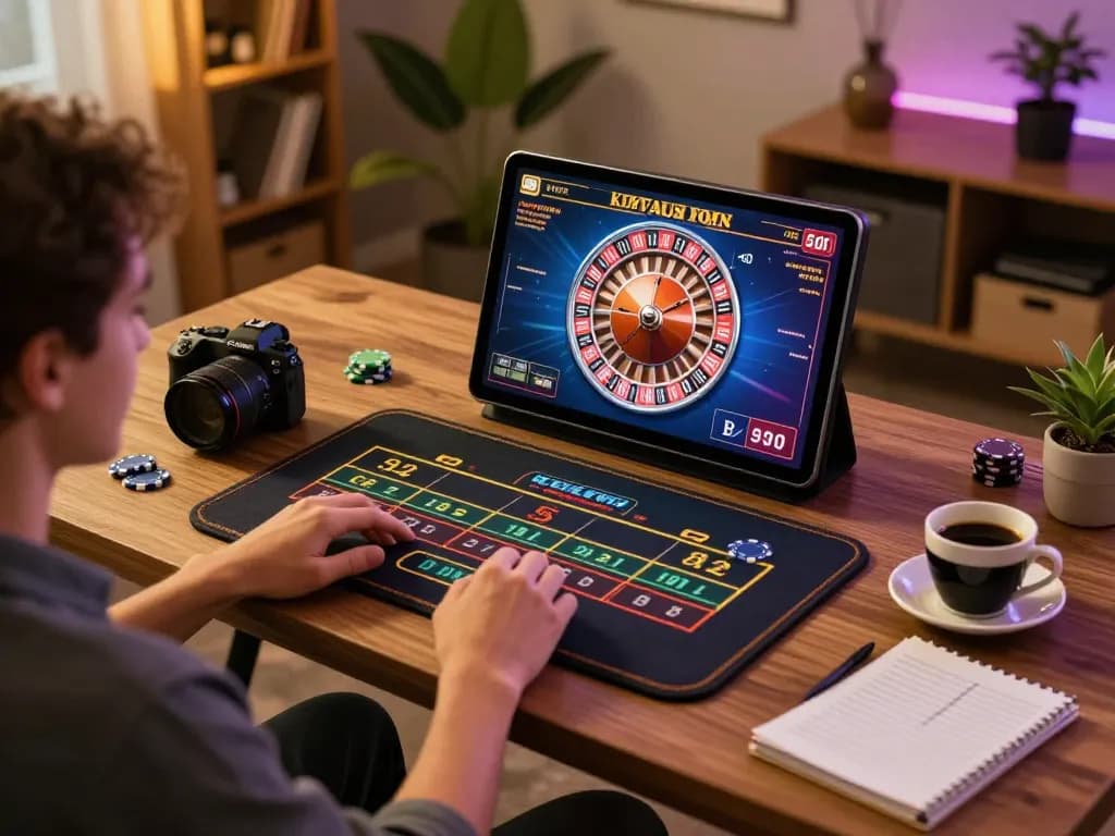 Player enjoying live roulette at home on VA88, showcasing a tablet with vibrant gaming interface and cozy atmosphere.