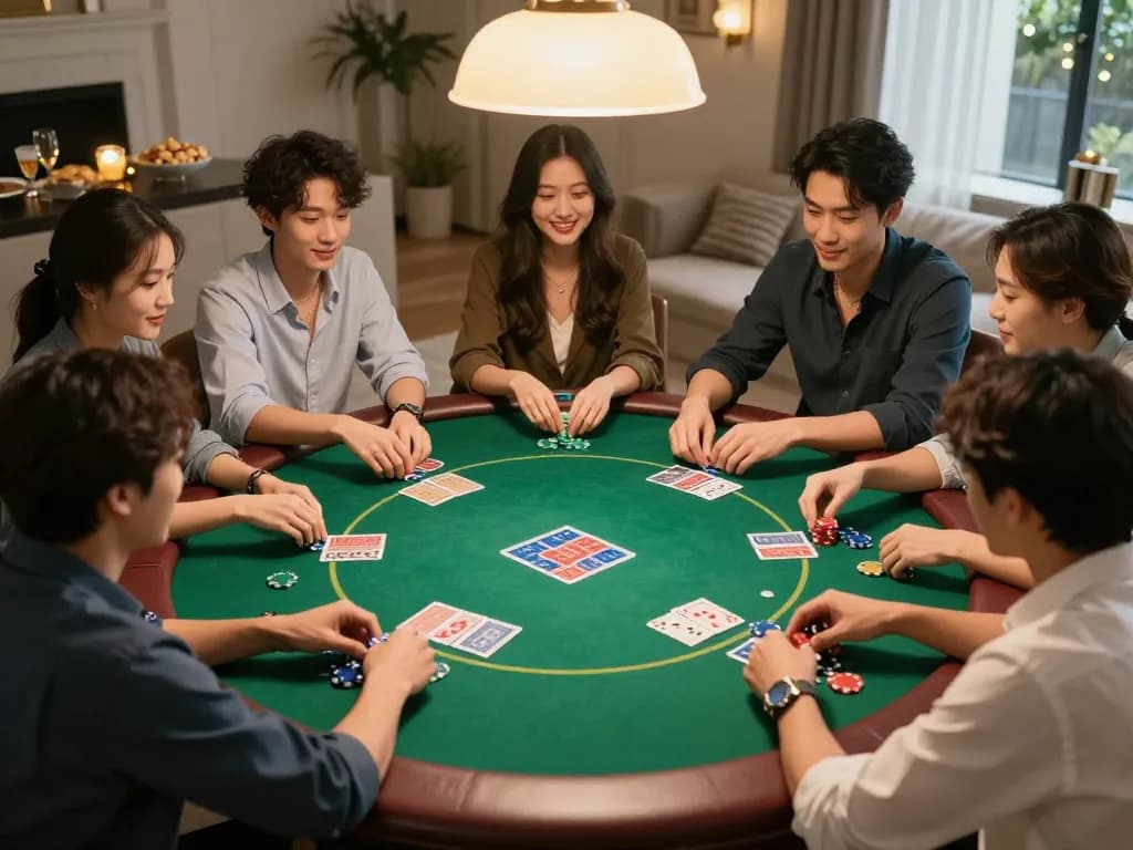Players enjoy an engaging game of poker at home, discussing strategies while using chips and cards in a cozy atmosphere, exploring qq 88.
