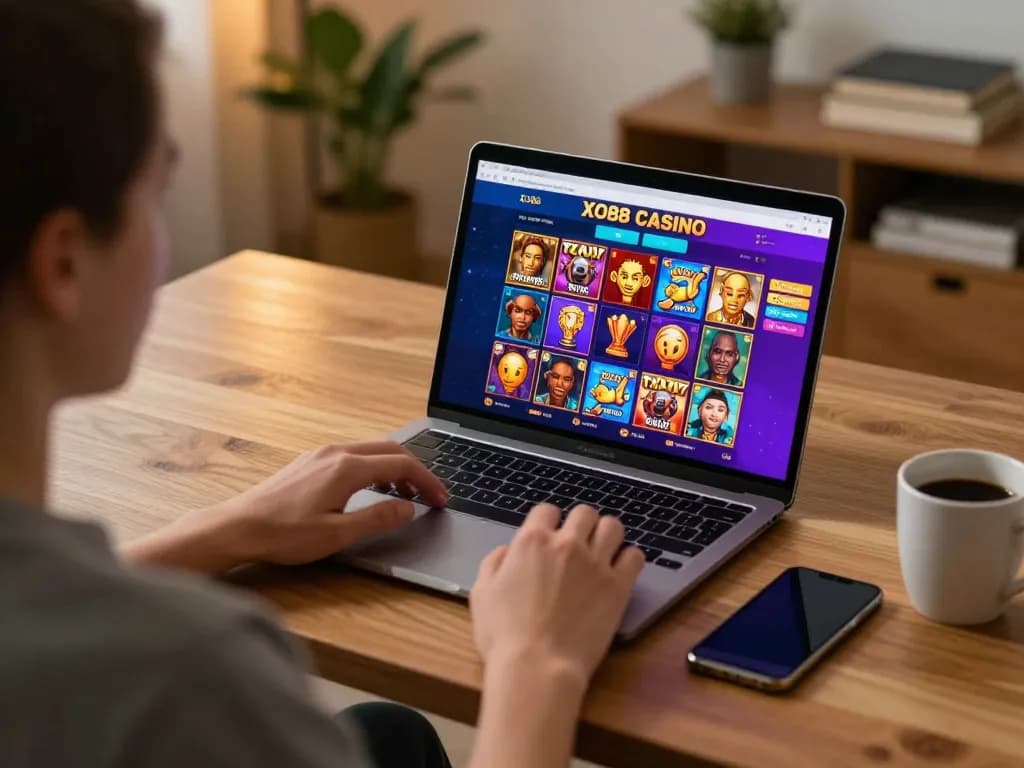 Engaging user enjoying a gaming session at XO88 CASINO with laptop, showcasing vibrant slot game graphics.