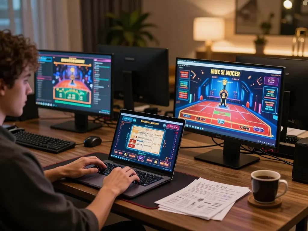 Engaging online gaming experience at https://rr88.gratis/ featuring a player with laptop and gaming setup