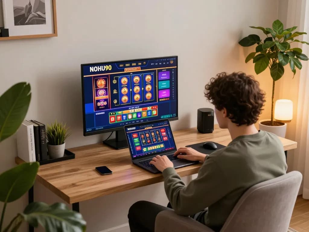 Engaging in online gaming at NOHU90, showcasing a vibrant casino interface and stylish home setup