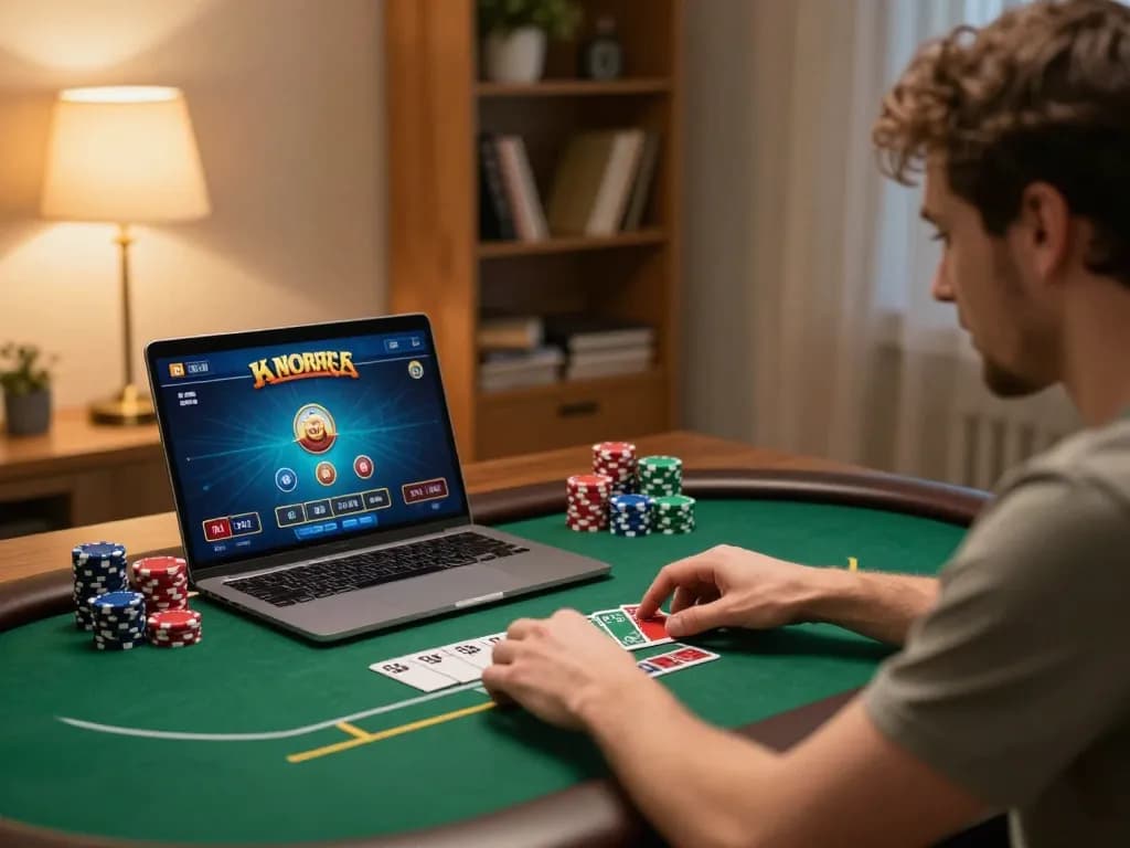 Player enjoys an engaging 79 club online casino game at home, celebrating a win.