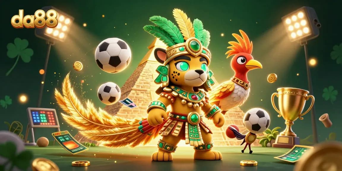Engage with thrilling da88 casino experiences featuring a vibrant 3D scene of a Mayan priest, sports balls, and golden trophies.
