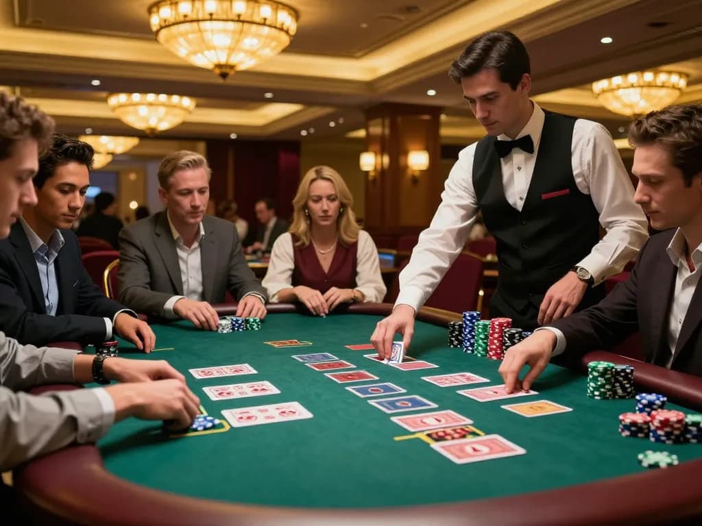 Players strategizing at a blackjack table at https://fabet3.net/ casino with dealer in action.